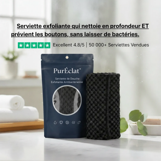 PurÉclat® – Serviette douche exfoliante antibactérienne renforcée